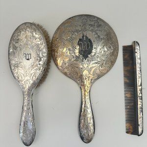 Vintage Sterling Silver Plate 3 Piece Vanity Set Mirror, Brush and Comb